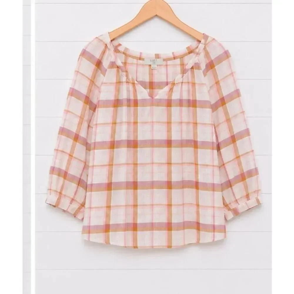 Loft puff sleeve gingham orange blouse M petite